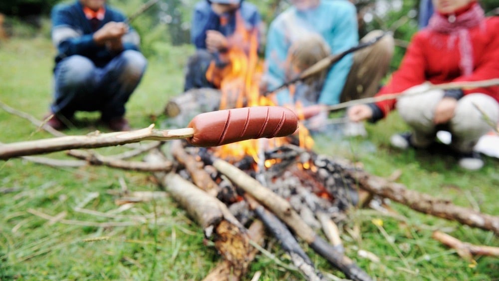 Barbecue in nature, group of people preparing sausages on fire (note shallow dof)