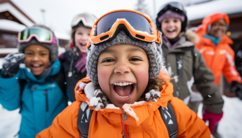 racially diverse kids snowboarding