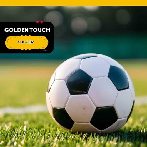 Soccer ball close up with Golden Touch Soccer text