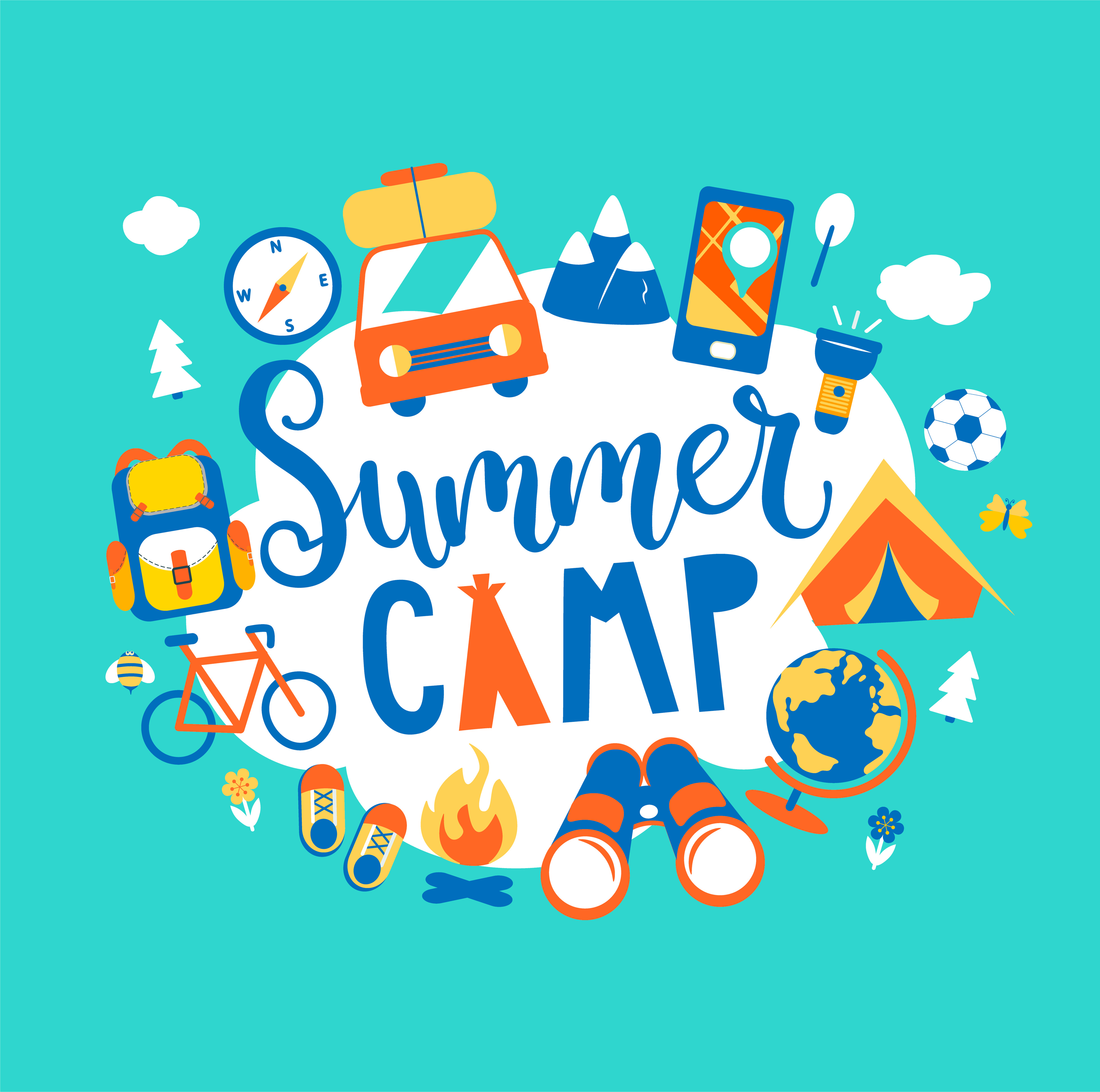 summer camp sign in multiple colors with blue background and camp activities
